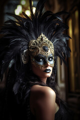 Beautiful dark woman wears elegant carnival mask
