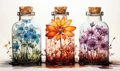 Watercolor, glass bottles with flowers, on a white background. - obrazy, fototapety, plakaty