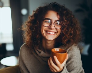 Portrait of a joyfu _young woman drinking who coffee in cafe enjoying a cup of coffee