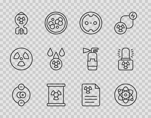 Set line Atom, Electrical outlet, Radioactive waste in barrel, Nuclear bomb, Acid rain and radioactive cloud, Radiation warning document and lamp icon. Vector