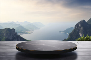 Empty round marble podium on wooden table sea with mountain and sea background for product display