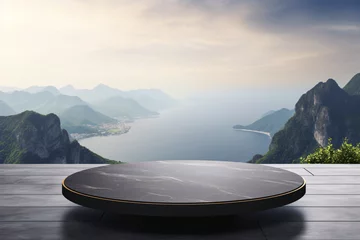 Fotobehang Empty round marble podium on wooden table sea with mountain and sea background for product display © Muneeb