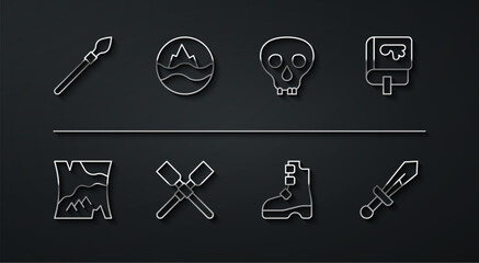 Set line Medieval spear, Folded map, Viking book, Ancient viking boots, Oars or paddles boat, Sea and waves, sword and Skull icon. Vector