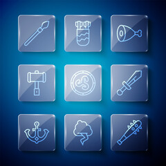 Set line Anchor, Cloud and lightning, Mace with spikes, Chicken leg, Shield viking, Battle hammer, Medieval spear and sword icon. Vector