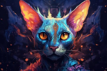 Multi coloured illustration art, the head of a sphinx cat painted with with splashes and splatters of paint