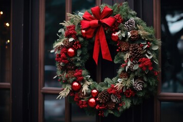 Fototapeta na wymiar Christmas wreath on the door close-up. Christmas, Winter or New Year concept