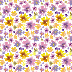 Seamless pattern of watercolor pink and yellow flowers. Hand drawn illustration. Botanical hand painted floral elements on white background.