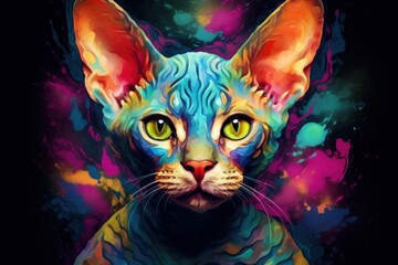 Multi coloured illustration art, the head of a devon rex cat painted with with splashes and splatters of paint