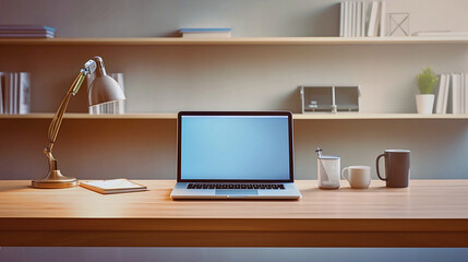 An organized office desk featuring a laptop, embodying productivity, efficiency, and a tech-savvy work environment with meticulous organization.