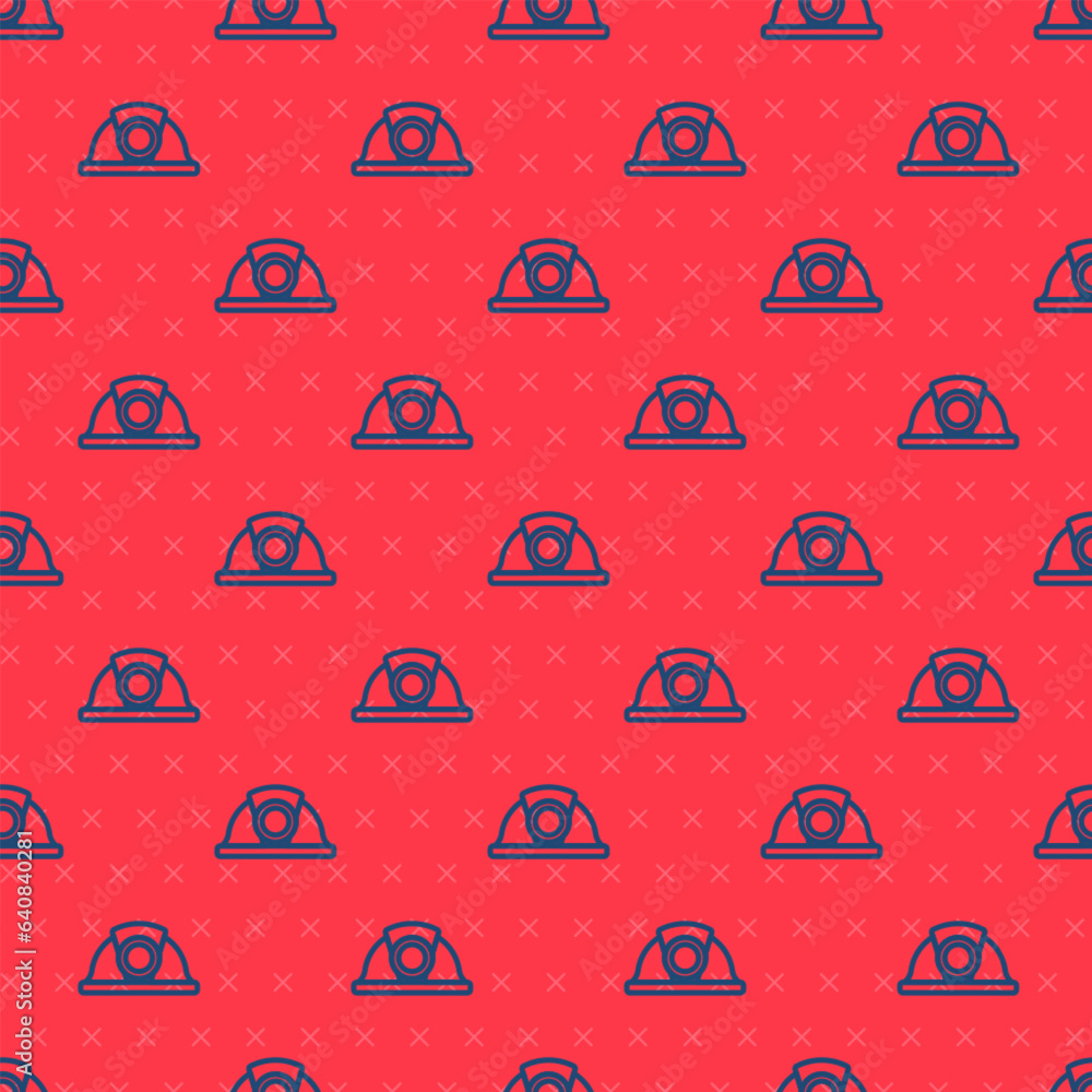 Poster blue line miner helmet icon isolated seamless pattern on red background. vector