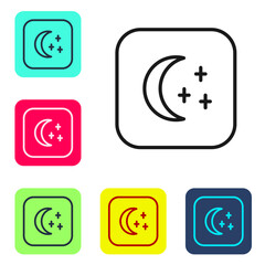 Black line Moon and stars icon isolated on white background. Cloudy night sign. Sleep dreams symbol. Full moon. Night or bed time sign. Set icons in color square buttons. Vector