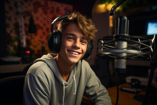 Teenage boy / man podcasting or voice acting like dubbing