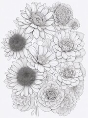 Black and white flower coloring page  for floral coloring book. doodle floral drawing sketch with generative ai