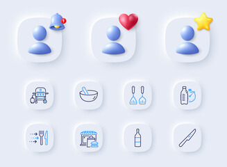 Wine bottle, Food market and Gas grill line icons. Placeholder with 3d bell, star, heart. Pack of Table knife, Cooking mix, Fitness water icon. Cooking cutlery, Food delivery pictogram. Vector