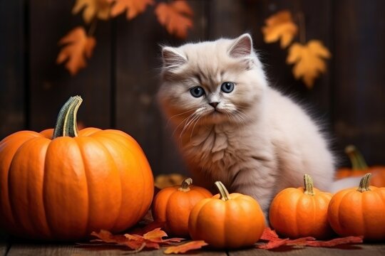 cute kitten and pumkins in the white room, halloween concept