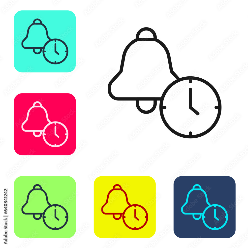 Poster black line alarm clock icon isolated on white background. wake up, get up concept. time sign. set ic