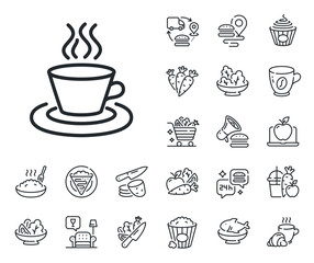 Hot drink sign. Crepe, sweet popcorn and salad outline icons. Tea or Coffee line icon. Fresh beverage symbol. Tea cup line sign. Pasta spaghetti, fresh juice icon. Supply chain. Vector