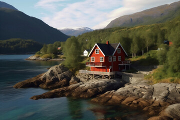 Fototapeta na wymiar Traditional Norvegian country house and amazing landscape