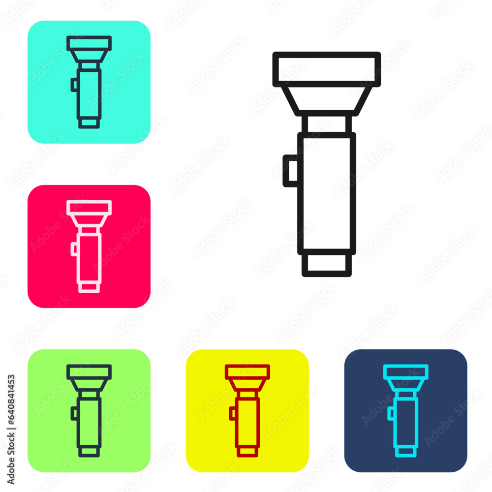 Poster black line flashlight icon isolated on white background. set icons in color square buttons. vector