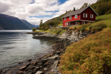 Fototapeta na wymiar Traditional Norvegian country house and amazing landscape