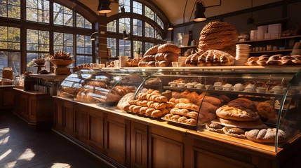 Fotobehang Bakery showcase. Various breads, baguettes. Rye, buckwheat, bran, gluten-free, wheat buns Confectionery. private bakery in the shop.  © Marynkka_muis_ua