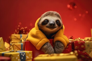 Fototapeta premium cute baby sloth with christmas gift boxes on red background