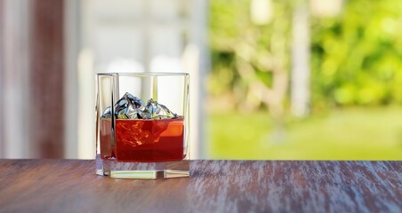 glass of wine with ice cubes