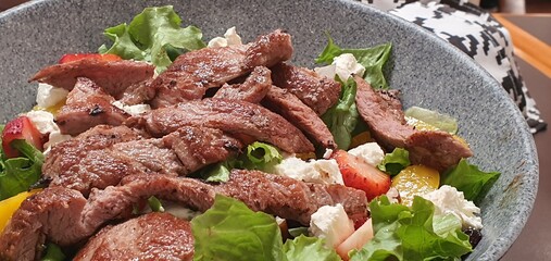 salad, food, water, steak, lettuce, strawberry, cheese, silverware at cdmx, mexico