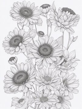 Black and white flower coloring page  for floral coloring book. doodle floral hand drawn drawing sketch, KDP interior with generative ai
