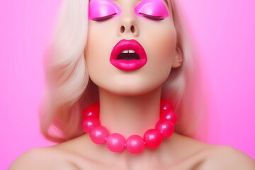 Emotion pink wig woman. Wide open mouth. Pink lips makeup