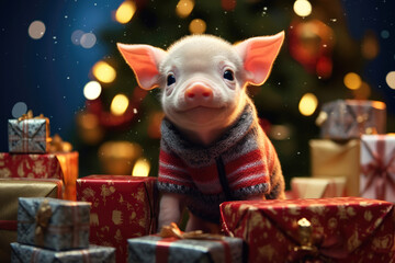 cute baby pig with christmas gift boxes on blurred xmas tree background