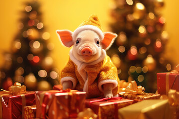 cute baby pig with christmas gift boxes on blurred xmas tree background