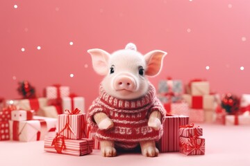 cute baby pig with christmas gift boxes on pink background
