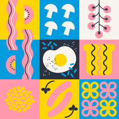 Breakfast food set in flat style. Minimalist illustration of egg, bacon, sausages, tomatoes, toast bread. Simple, geometric, modern style. Abstract vector pattern design for flyer, poster, cover.
