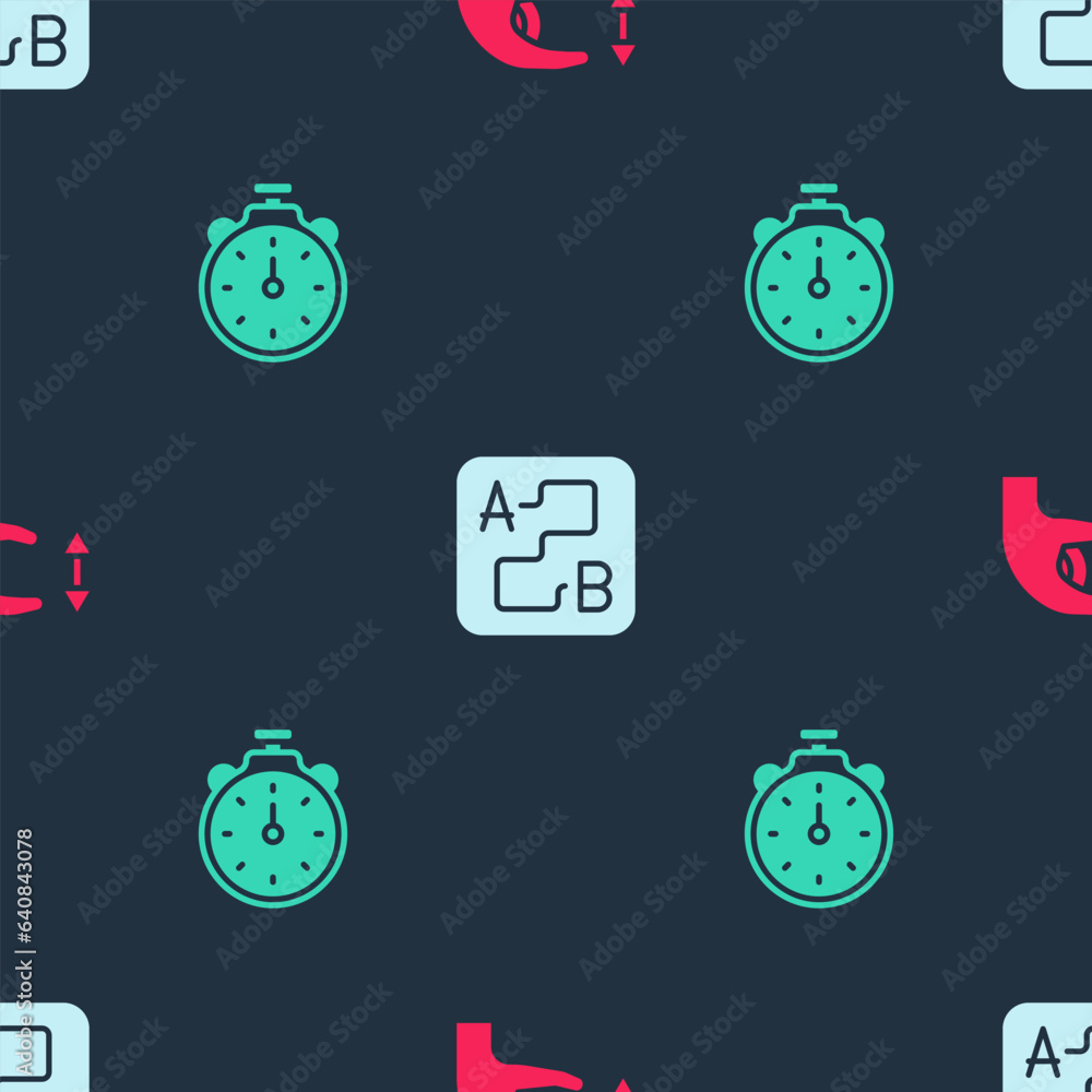 Poster set approximate measurements, route location and stopwatch on seamless pattern. vector