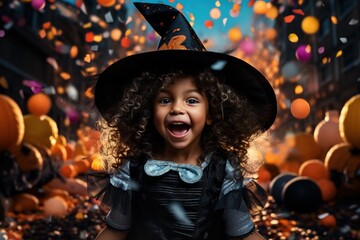 Concept portrait of a little girl exuberantly adorned in a Halloween witch's hat and festive attire, surrounded by swirling confetti.This moment of pure, radiant joy of holiday.
