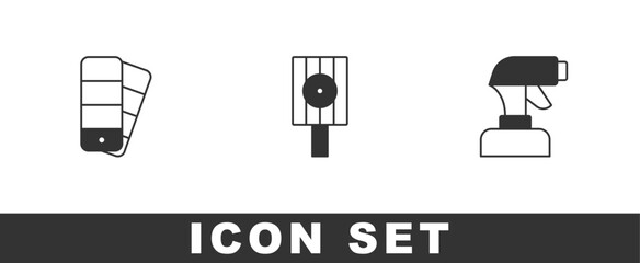 Set Color palette guide, Spray can nozzle cap and Paint spray gun icon. Vector