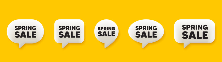 Spring Sale tag. 3d chat speech bubbles set. Special offer price sign. Advertising Discounts symbol. Spring sale talk speech message. Talk box infographics. Vector