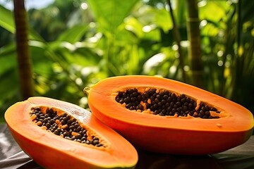Fresh half of papaya with seeds on tropical leaves background. Tropical exotic fruit