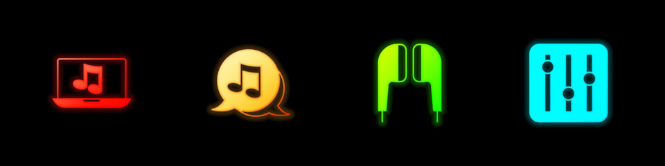 Set Laptop with music, Music note, tone, Air headphones and Sound mixer controller icon. Vector