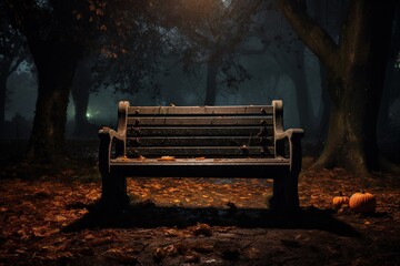 An image with a bench illuminated by lights in the park and pumpkins lying next to it, in the spirit of Halloween. - obrazy, fototapety, plakaty