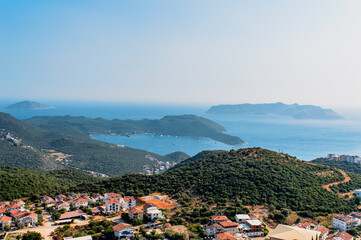 Fototapeta premium Charming panoramic aerial view of seaside resort town of Kas in Antalya, Turkey.