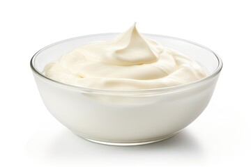 Bowl of whipped creamy yogurt on a white background.