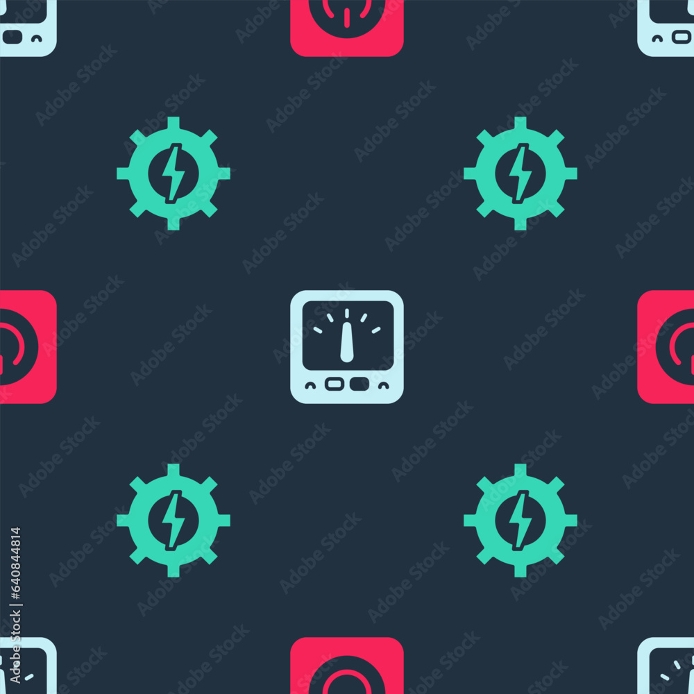 Poster set power button, ampere meter, multimeter and gear and lightning on seamless pattern. vector