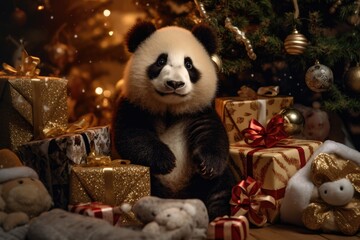 cute baby panda with christmas gift boxes on blurred xmas tree background