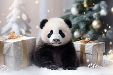 cute baby panda with christmas gift boxes on white background and xmas tree