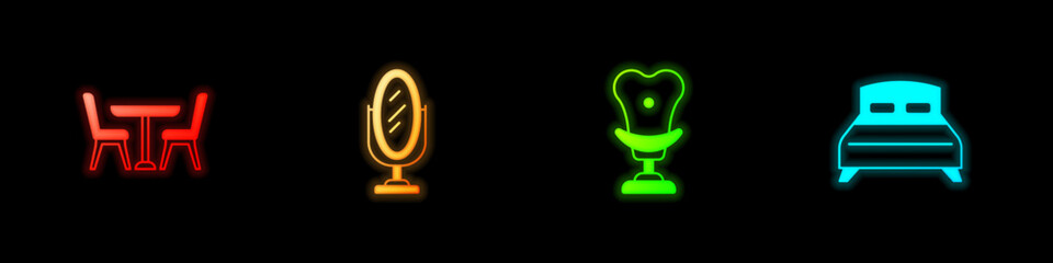 Set Table with chair, Mirror, Armchair and Big bed icon. Vector