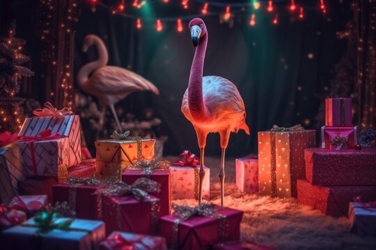 elegant tropical flamingo with christmas gift boxes on blurred party background