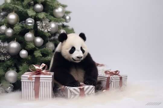 cute baby panda with christmas gift boxes on white background, free text space