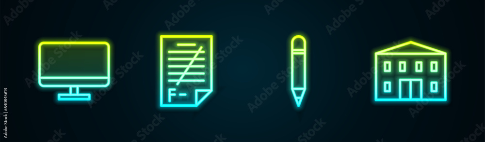 Poster set line computer monitor screen, exam paper with incorrect answers, pencil eraser and school buildi
